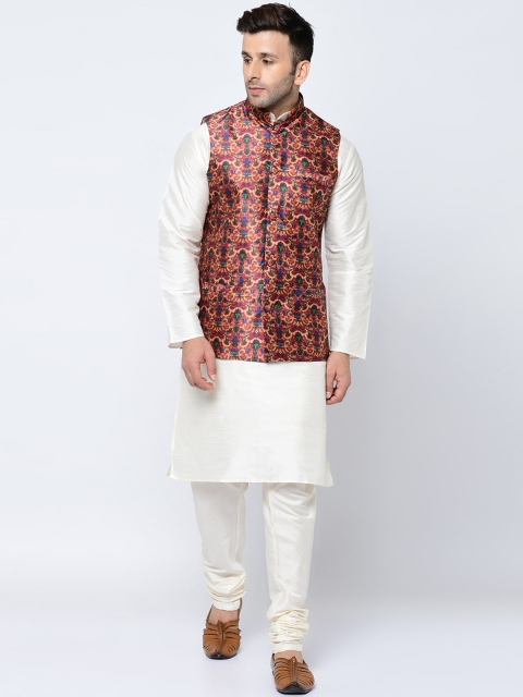 

Kaifoo Men White Layered Kurta with Churidar & Jacket