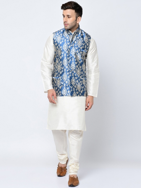 

Kaifoo Men White Kurta & Churidar With Printed Nehru Jacket