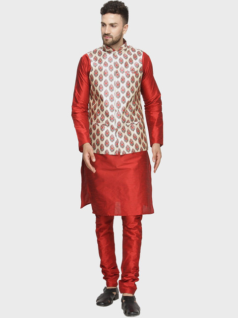 

Kaifoo Men Maroon Kurta And Pyjamas With Printed Nehru Jacket