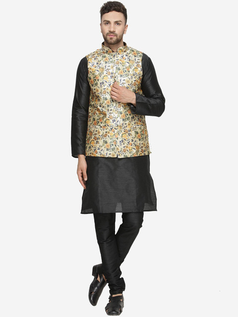 

Kaifoo Men Black Kurta Pyjama Set With Printed Nehru Jacket. .