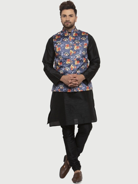 

Kaifoo Men Black Kurta Pyjama Set With Printed Nehru Jacket