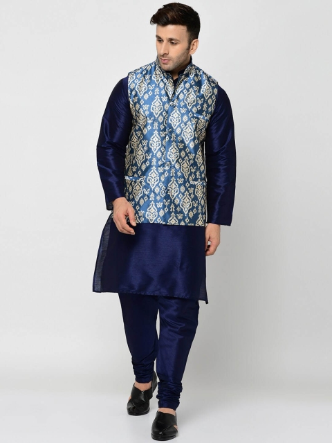 

Kaifoo Men Navy Blue Kurta with Churidar and Nehru Jacket