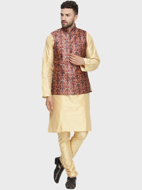 

Kaifoo Men Beige Kurta with Churidar With Printed Nehru Jacket