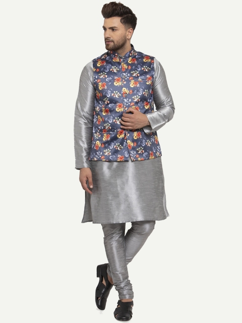 

Kaifoo Men Silver-Toned Floral Kurti Churidar With Printed Nehru Jacket