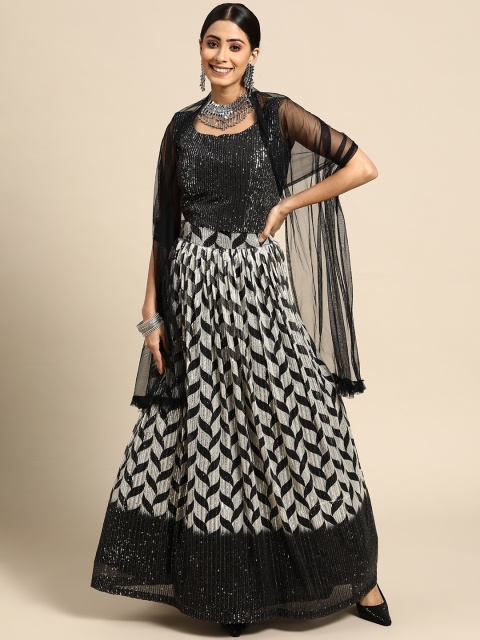 

Sangria Black & White Embellished Sequinned Semi-Stitched Lehenga & Blouse With Dupatta