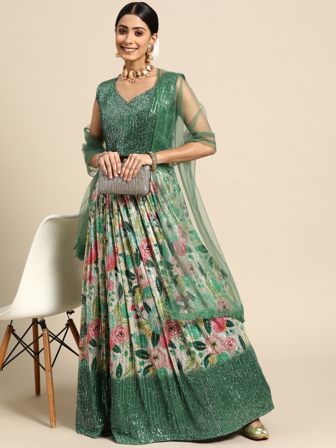 

Sangria Green & Pink Embellished Sequinned Semi-Stitched Lehenga & Blouse With Dupatta