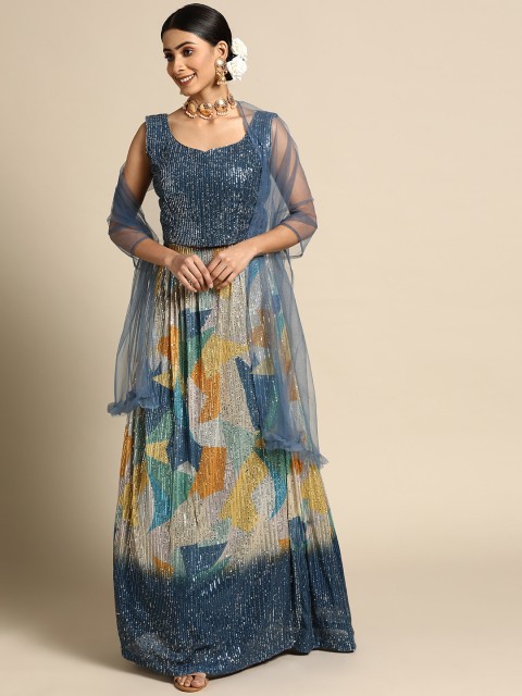 

Sangria Blue & Yellow Embellished Sequinned Semi-Stitched Lehenga & Blouse With Dupatta