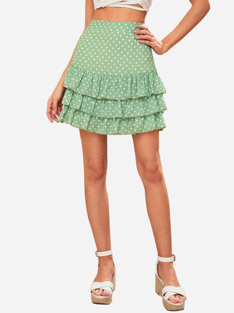 

URBANIC Women Green Polka Dot Printed Tiered A-Line Skirt