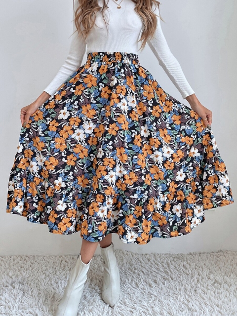 

URBANIC Women Orange & Blue Floral Printed A-Line Maxi Skirts