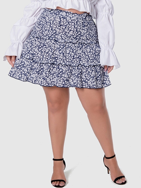 

URBANIC Women Blue Floral Printed Ruffle Trim A-Line Skirt