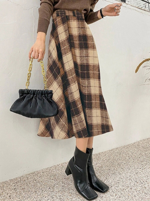 

URBANIC Women Khaki Checked A-Line Flared Midi Skirts