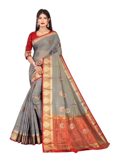 

Rivana Grey & Red Woven Design Zari Pure Cotton Chanderi Saree