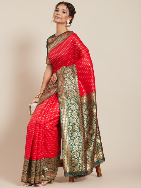 

Tikhi Imli Red & Green Woven Design Silk Blend Banarasi Saree