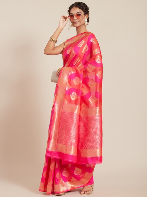 

Tikhi Imli Red & Pink Woven Design Silk Blend Banarasi Saree