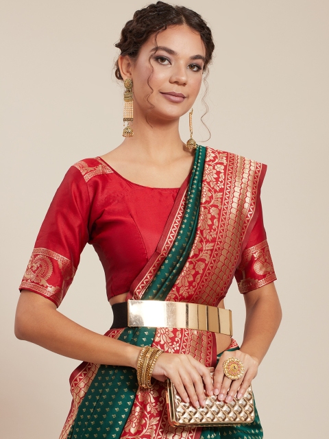 

Tikhi Imli Green & Red Woven Design Silk Blend Banarasi Saree