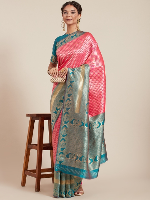 

Tikhi Imli Pink & Teal Green Woven Design Silk Blend Banarasi Saree