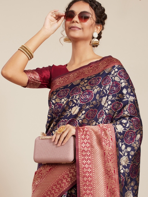 

Tikhi Imli Navy Blue & Maroon Woven Design Silk Blend Banarasi Saree