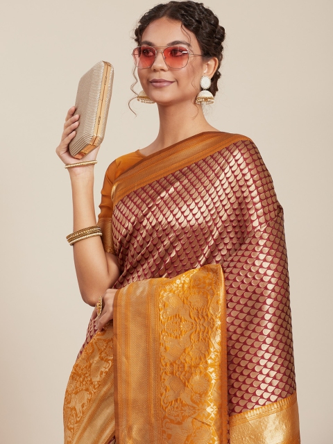 

Tikhi Imli Maroon & Mustard Yellow Woven Design Silk Blend Banarasi Saree