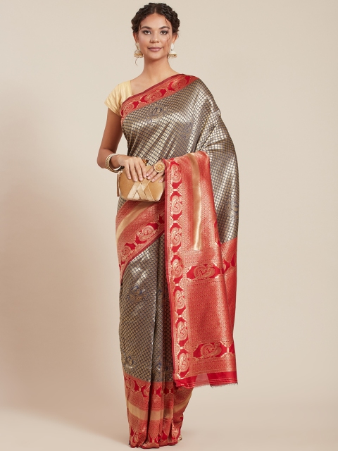 

Tikhi Imli Grey & Red Woven Design Silk Blend Banarasi Saree