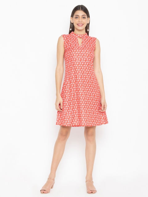 

SEW YOU SOON Coral Floral Keyhole Neck A-Line Dress