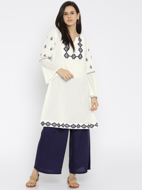 

Global Desi Women White Woven Design A-Line Kurta