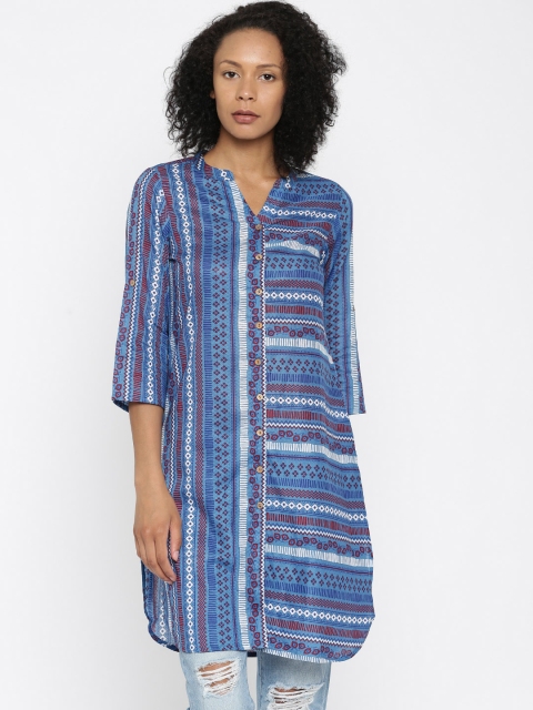 Global Desi Women Blue Printed A-Line Kurta available at myntra for Rs.674