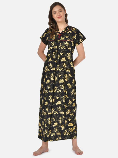 

Klamotten Women Black Printed Maxi Nightdress