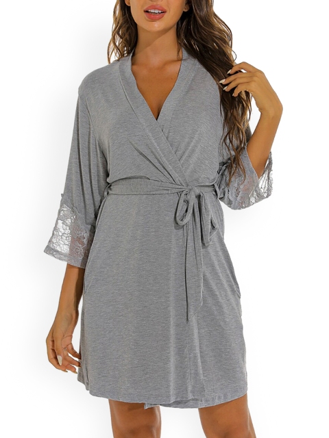 

URBANIC Women Grey Solid Contrast Lace Lounge Robe