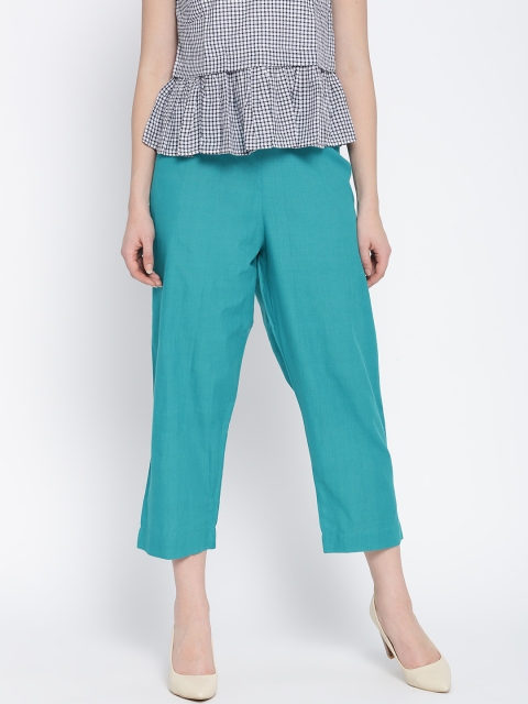 

JAYPORE Women Turquoise Blue Solid Cropped Casual Trousers