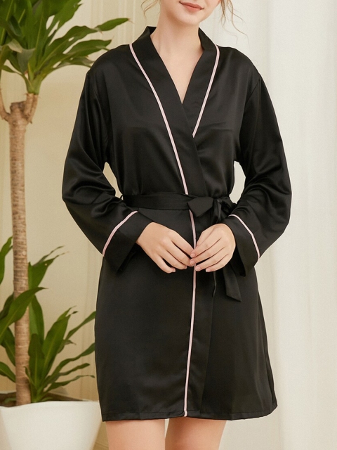

URBANIC Women Black Solid Simplicity Lounge Robe