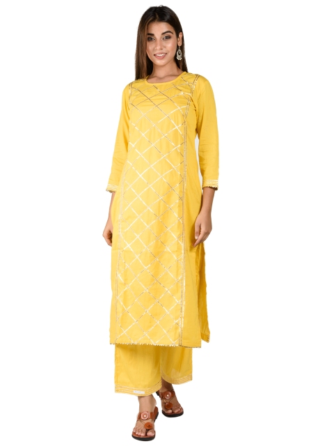 

HOUSE OF JAMOTI Women Yellow Pure Cotton Kurta Set