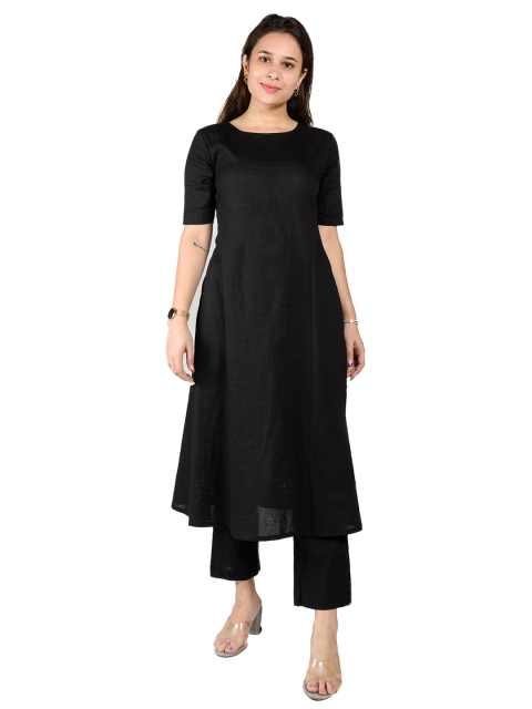 

HOUSE OF JAMOTI Women Black Pleated Pure Cotton Kurti with Trousers