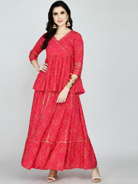 

KALINI Women Red Ethnic Motifs Angrakha Gotta Patti Kurti with Sharara