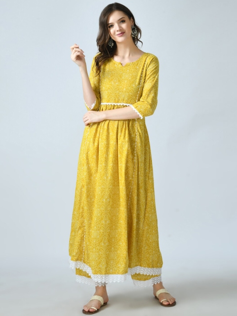 

KALINI Women Yellow Pleated Gotta Patti Pure Cotton Kurti with Trousers