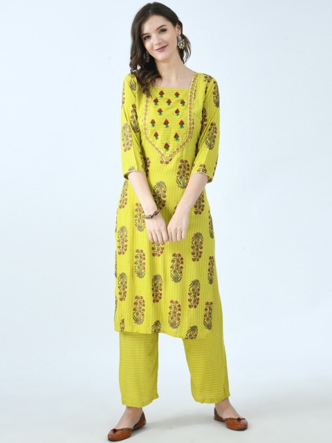 

KALINI Women Mustard Yellow Floral Printed Gotta Patti Kurti with Palazzos