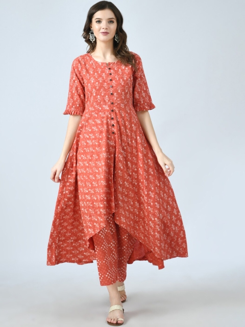 

KALINI Women Orange Ethnic Motifs Printed Empire Pure Cotton Kurta with Trousers
