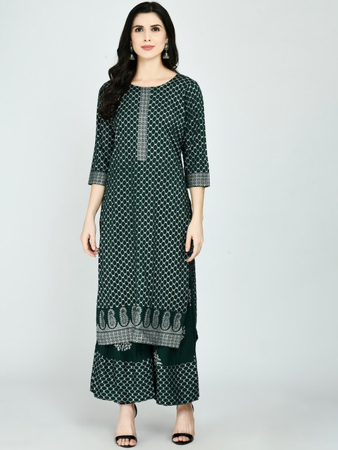 

KALINI Women Green Ethnic Motifs Printed Gotta Patti Kurti with Palazzos