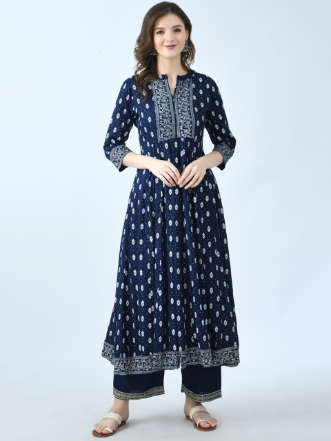 

KALINI Women Blue Ethnic Motifs Printed Empire Gotta Patti Kurta with Trousers