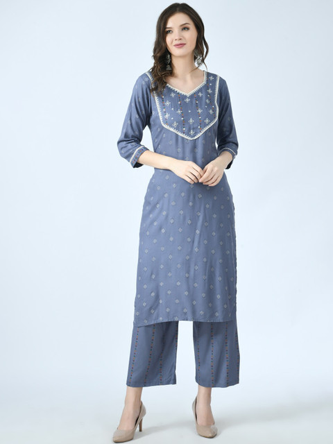 

KALINI Women Blue Floral Printed Thread Work Kurta with Trousers