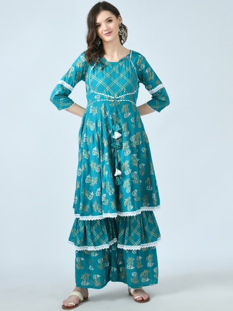 

KALINI Women Blue Floral Printed Kurti with Sharara