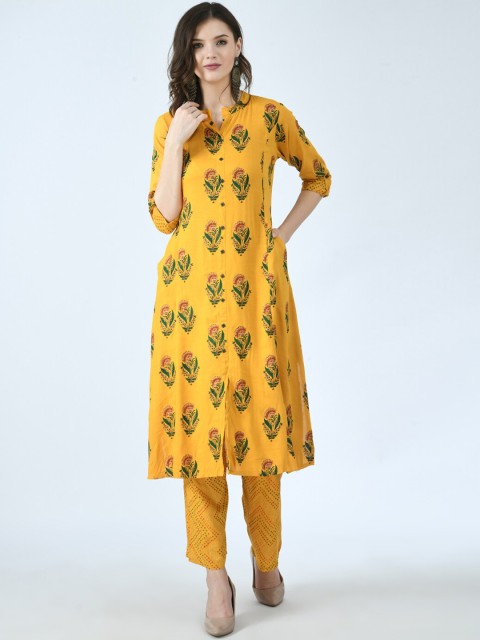 

KALINI Women Yellow Floral Pleated Gotta Patti Kurti with Trousers