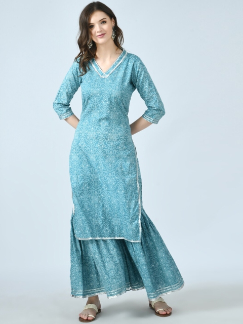 

KALINI Women Blue Ethnic Motifs Gotta Patti Pure Cotton Kurta with Skirt