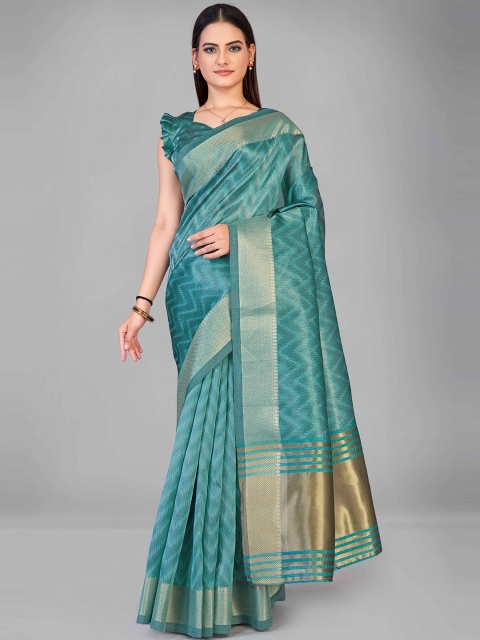 

MANOHARI Blue & Gold-Toned Woven Design Zari Silk Blend Saree