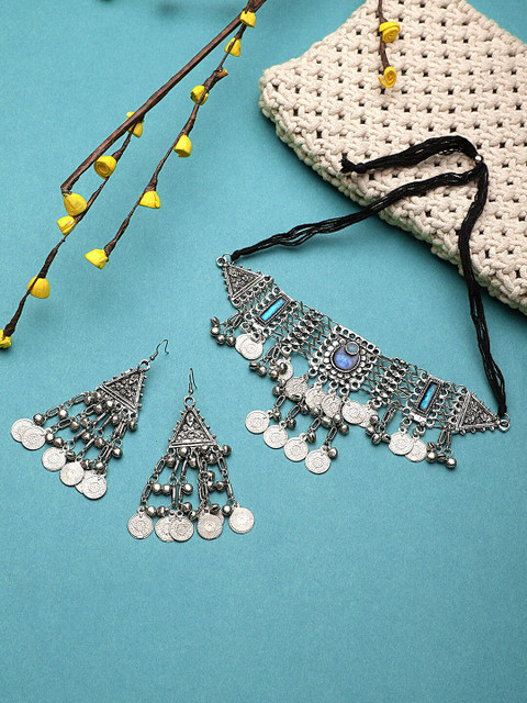 

CARDINAL Oxidised Silver-Toned Blue Meenakari Jewellery Set