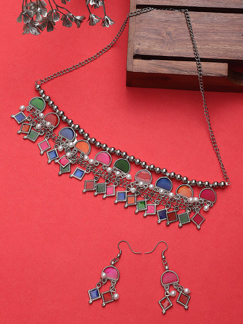 

CARDINAL Women Silver-Toned Stone Studded Meenakari Jewellery Set