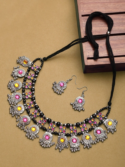 

CARDINAL Oxidised Silver-Toned & Pink Stones-Studded & Beaded Jewellery Set