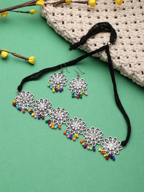 

CARDINAL Oxidized Silver-Toned & Multicolored Stone-Studded & Pearl-Beaded Jewellery Set