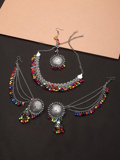 

CARDINAL Women Silver-Plated Oxidized Pink & Blue Beaded Jewellery Set