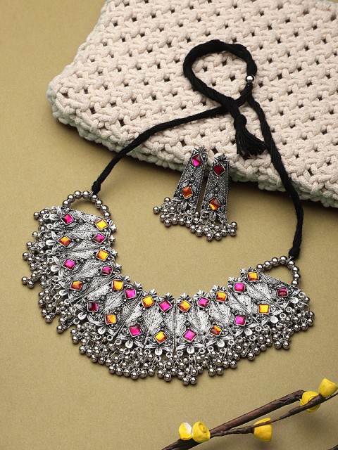 

CARDINAL Silver-Toned & Pink & Yellow Stones-Studded & Beaded Oxidised Choker Jewellery Set