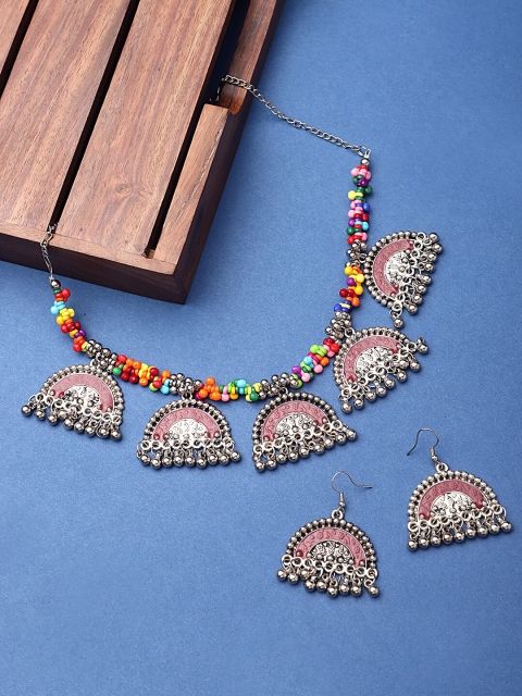 

CARDINAL Oxidised Silver-Toned & Red Stones-Studded & Beaded Jewellery Set